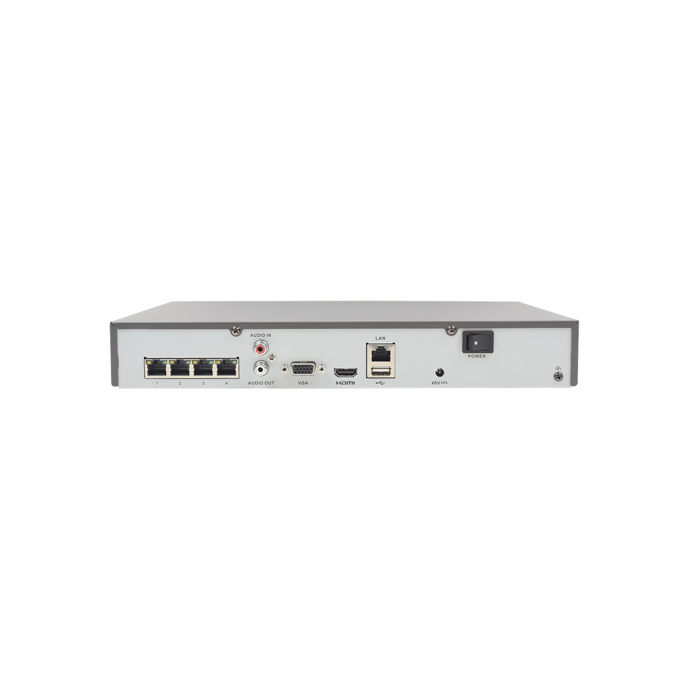 NVR 8 Megapixel (4K) / 4 canales IP / 1 Bahia de Disco Duro / 4 Puertos PoE+ / Salida de vídeo 4K / Switch PoE 300 mts